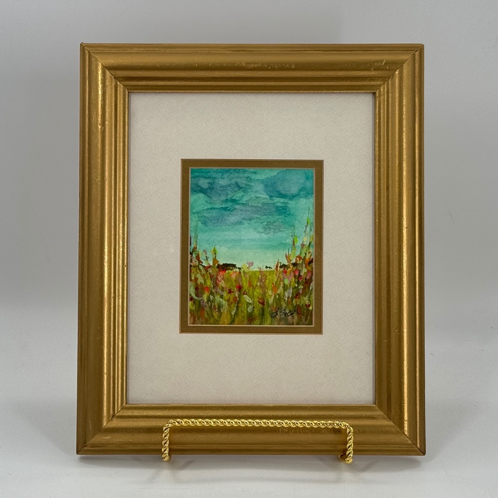 Original Contemporary Wildflower Landscape Watercolor Painting Framed Signed